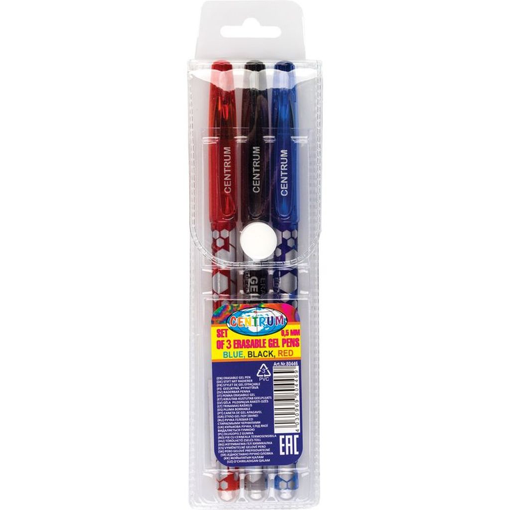 Set kemijskih olovaka Centrum gel piši briši (crvena, crna, plava) 0,5mm u PVC...